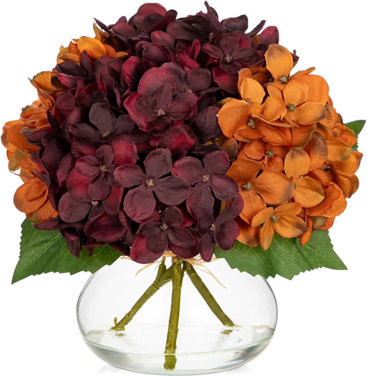 Hollyone Fall Hydrangea Artificial Flowers for Decoration with Glass Vase Dark Red Orange Autumn
