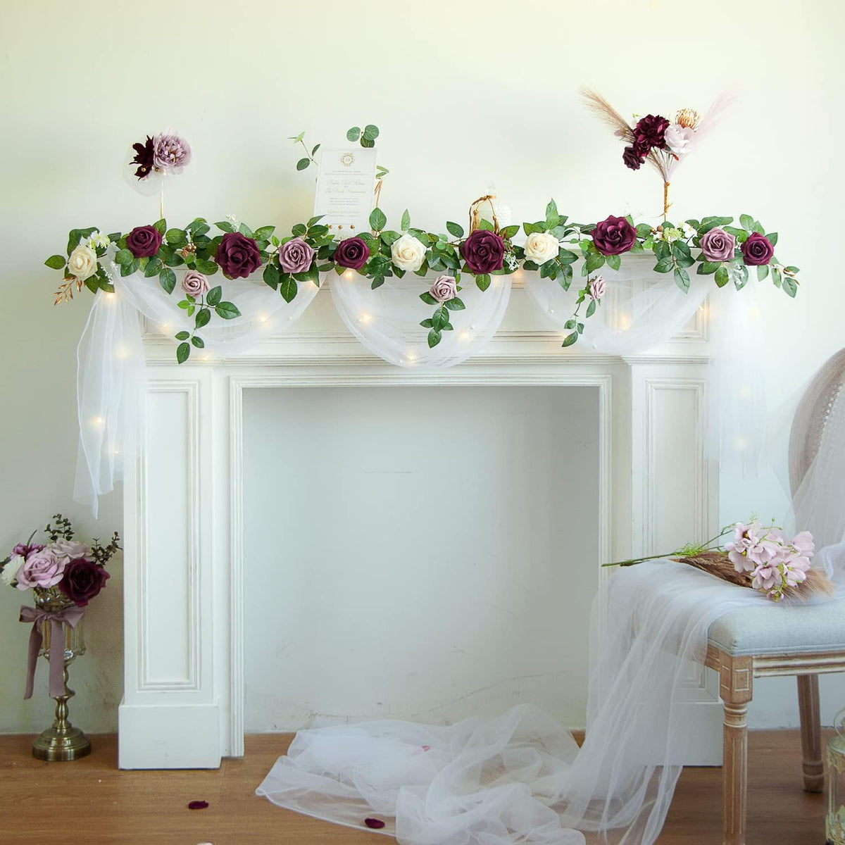 PONATIA 5FT Handcrafted Burgundy Artificial Rose Garland, Dusty Rose Flowers for Wedding Ceremony
