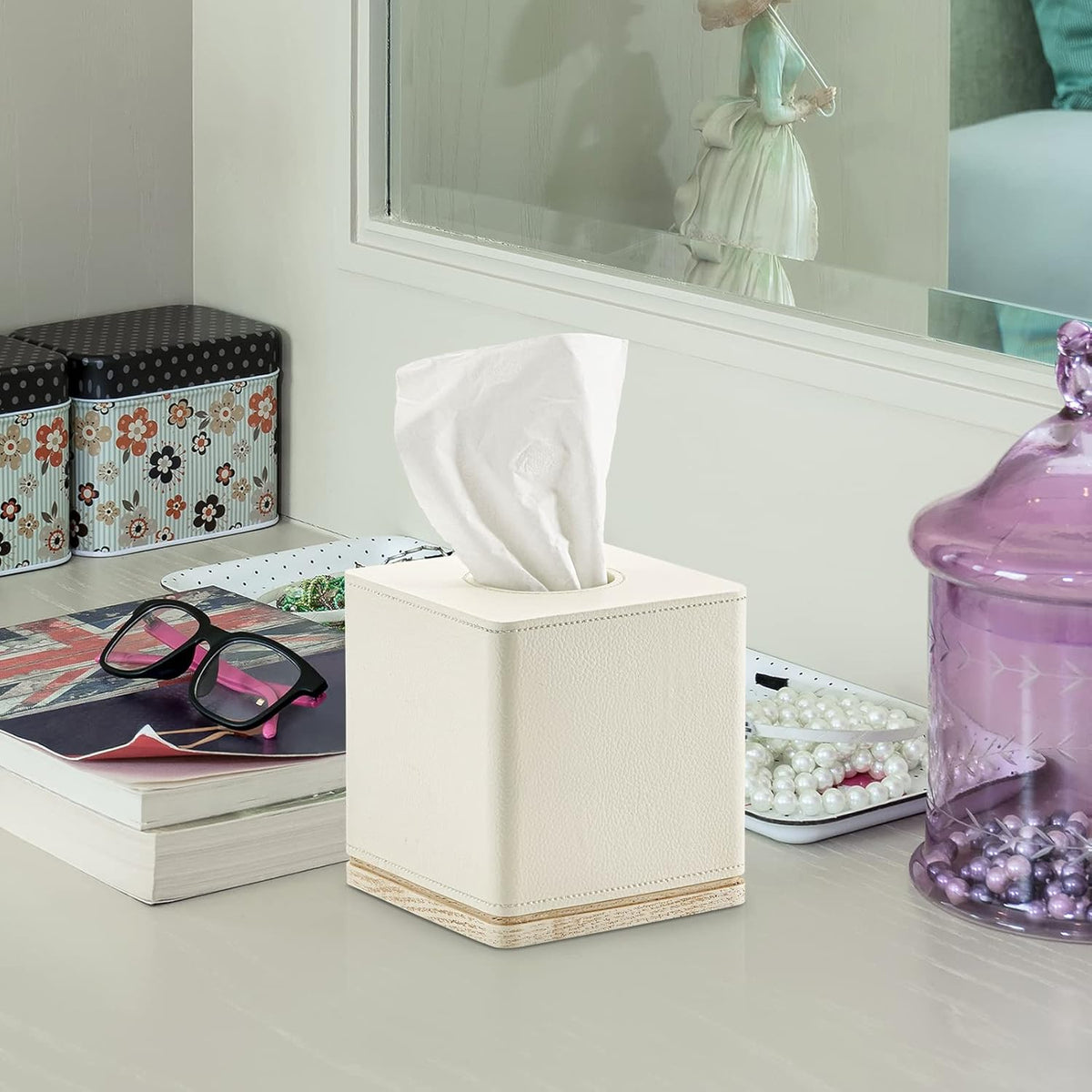 Tissue Box Cover Square Resin Tissue Holder for Home Decor,Hand Carved Beige Leather Cube Tissue