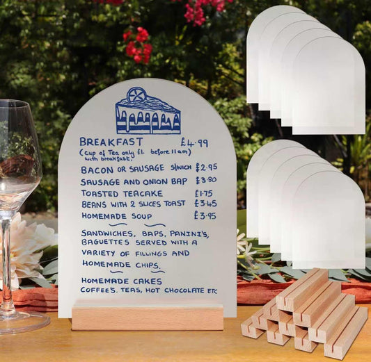 Frosted Blank Arch Acrylic Sign with Wooden Stands - 10 Pack DIY Customizable Sign Kit for Wedding