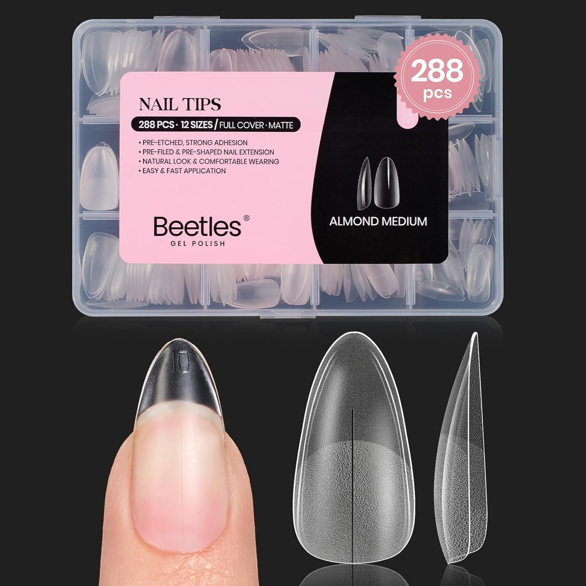 Beetles Medium Almond Nail Tips: 288PCS Medium Almond Matte Clear False Acrylic Press on Nails Tips