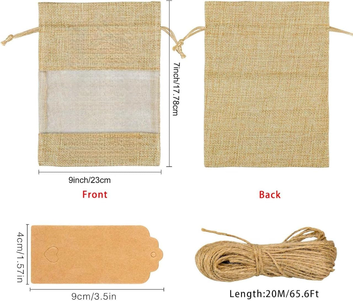 GIOIPC 50Pcs 6 x 9 Inch Linen Burlap Sheer Bags with Drawstring and Bonus Gift Tags for Wedding