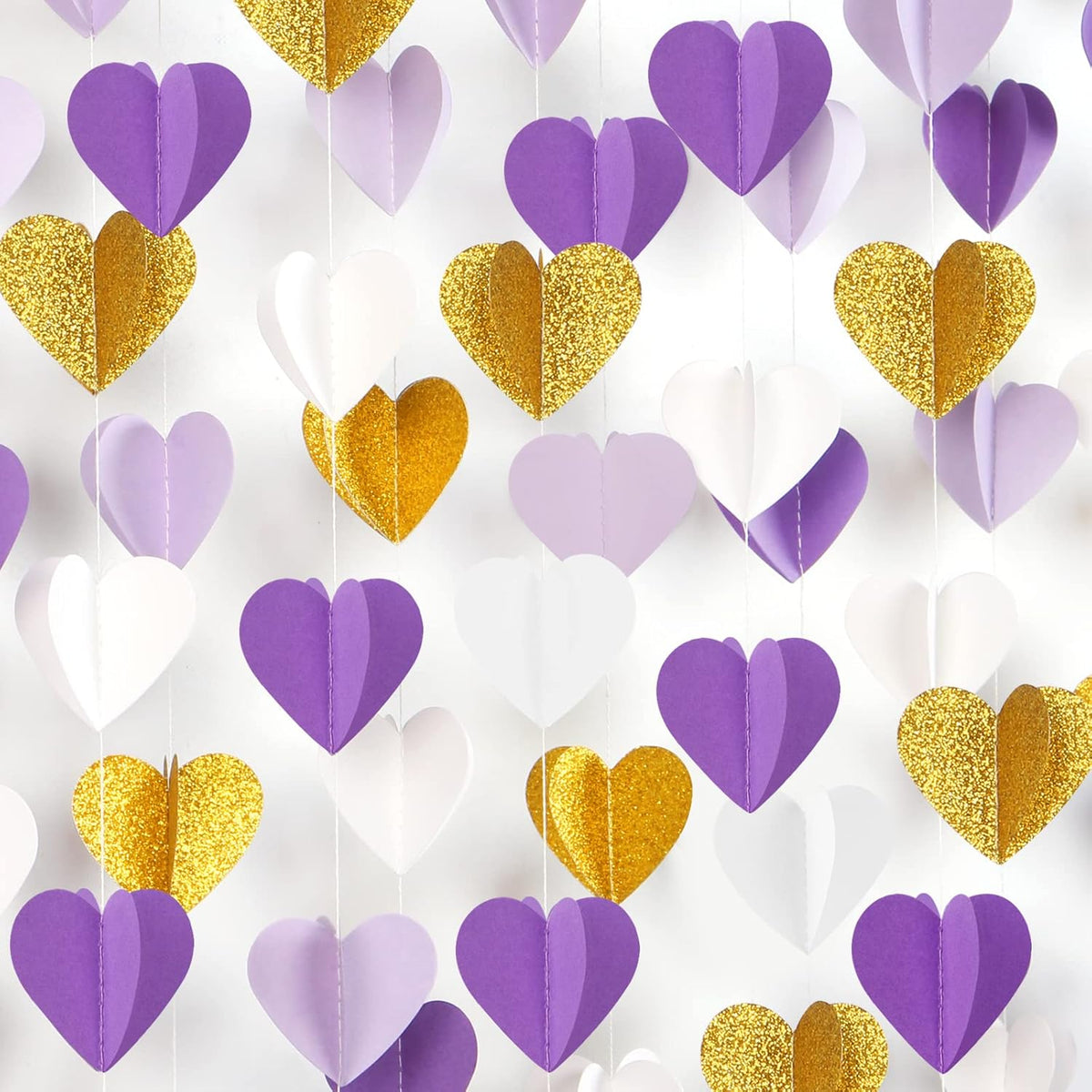 Purple-Gold Party-Decorations 3D Heart Garland - 39Ft White Purple Lavender Graduation Hanging