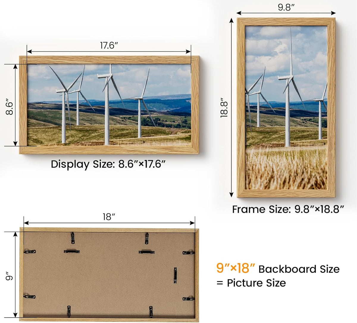 9x18 Picture Frame Oak Wood,9"x18" Natural Oak Color Wooden Frames with Tempered Glass,18x9 inch