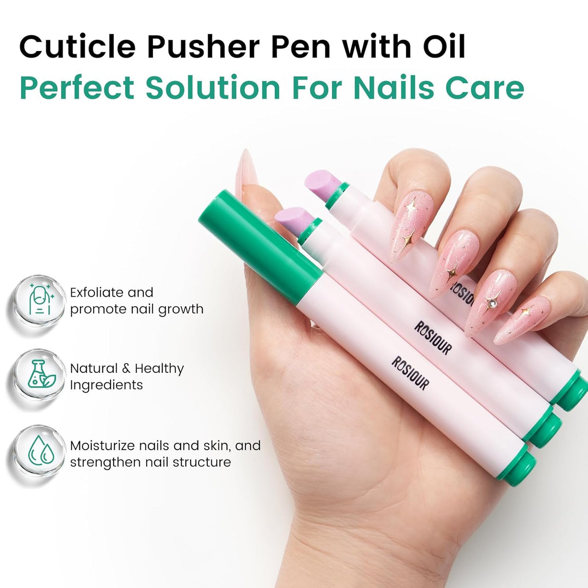 Ceramic Cuticle Oil Pusher Pen: 3-in-1 Nail Cuticle Buffer Pens for Hangnails, Dry & Damaged Nails