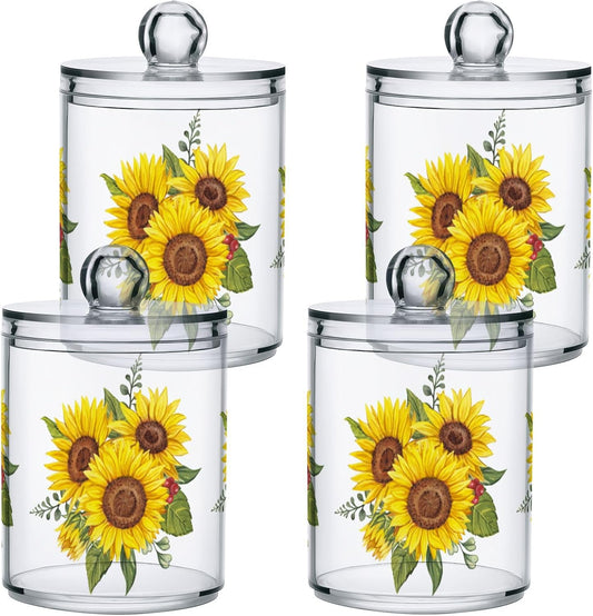 Gredecor Qtip Holder Dispenser 4 Pack Yellow Watercolor Sunflowers Apothecary Jars with Lids