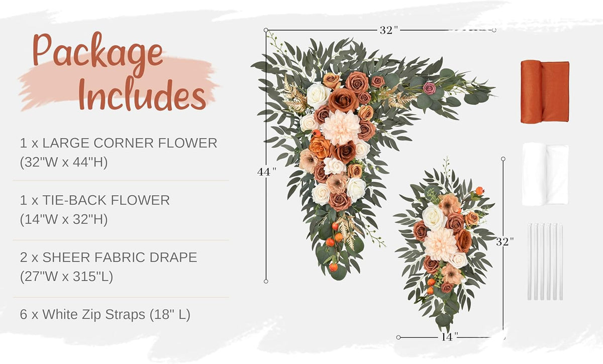 Wedding Arch Flowers with Drapes Kit (Pack of 4) - 2pcs Artificial Terracotta Deluxe Swag with 2pcs
