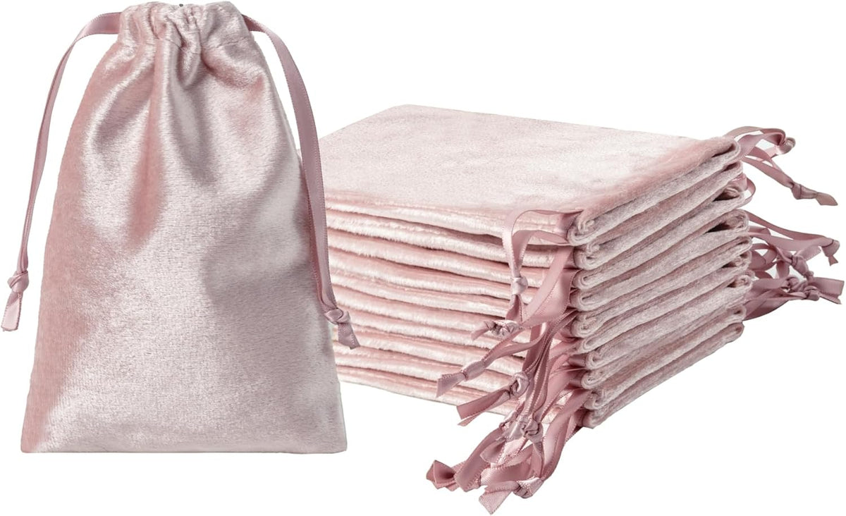 QIANF 12pcs Rose Pink Velvet Drawstring Bags 4x6 inches Glossy Small Velvet Cloth Gift Bags Jewelry