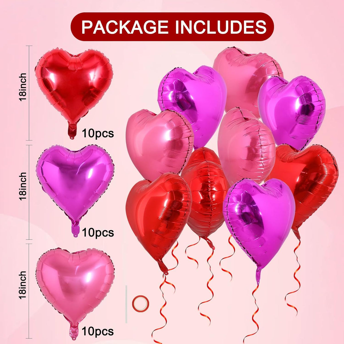 TONIFUL 30Pcs 18 Inch Rose Red Heart Balloons Valentine’s Day Heart Shape Foil Mylar Balloons
