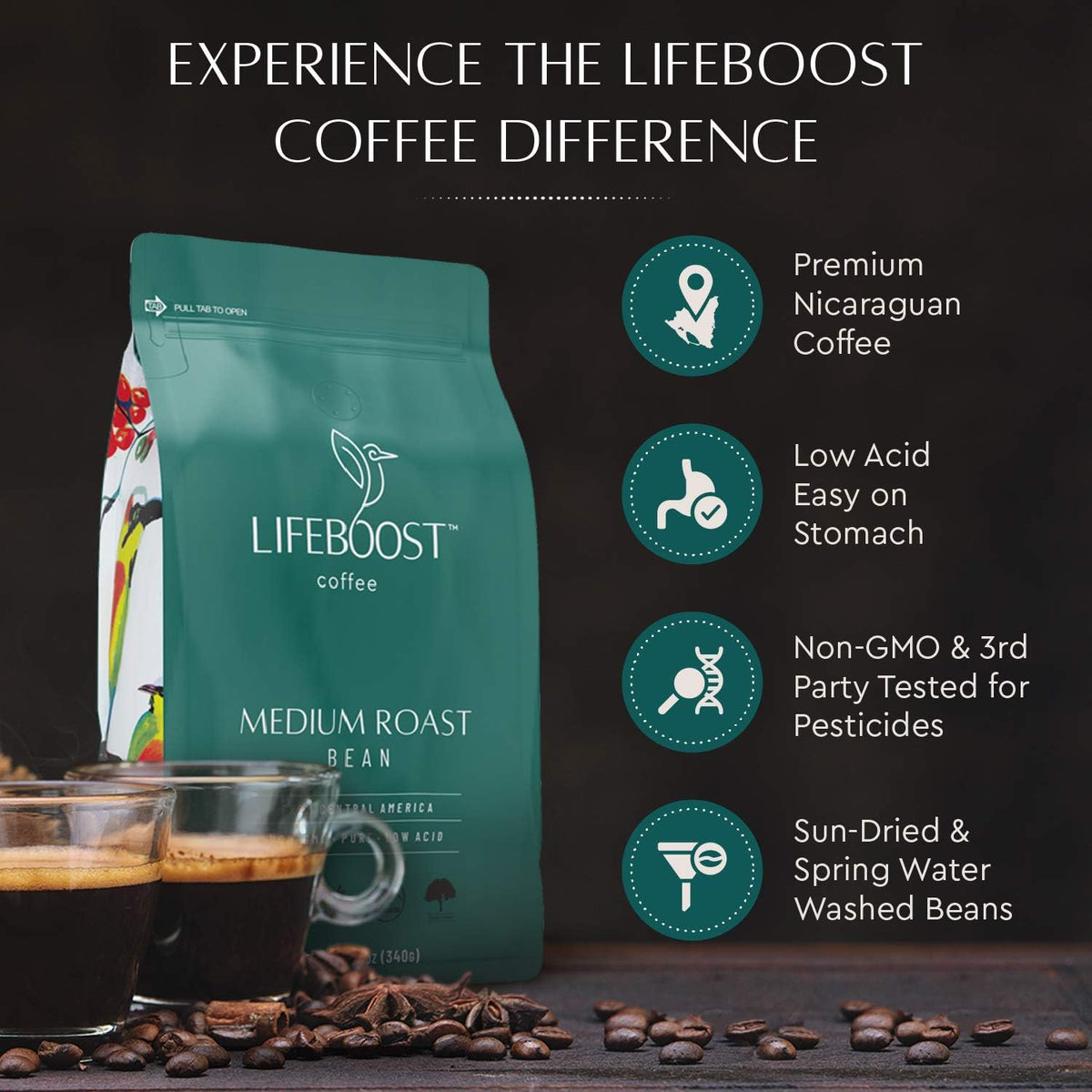 Lifeboost Organic Coffee Beans Medium Roast - Low Acid Single Origin Non-GMO Organic Whole Bean