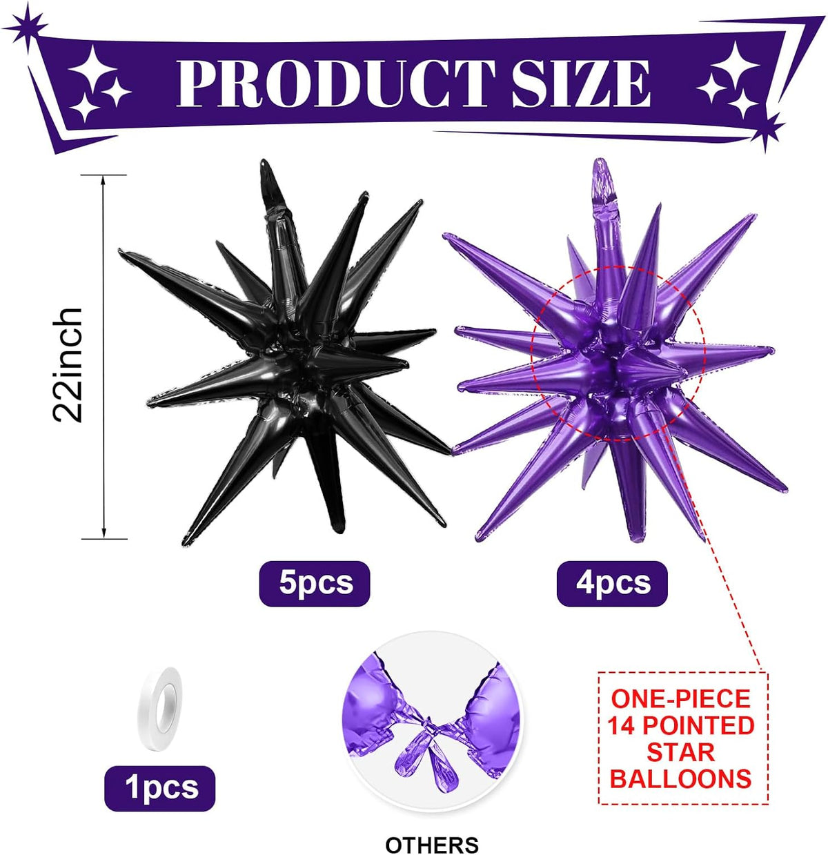 Black Purple Star Balloons,9Pcs 22Inch Black Purple Explosion Spike Cone Helium Polyester Film Star