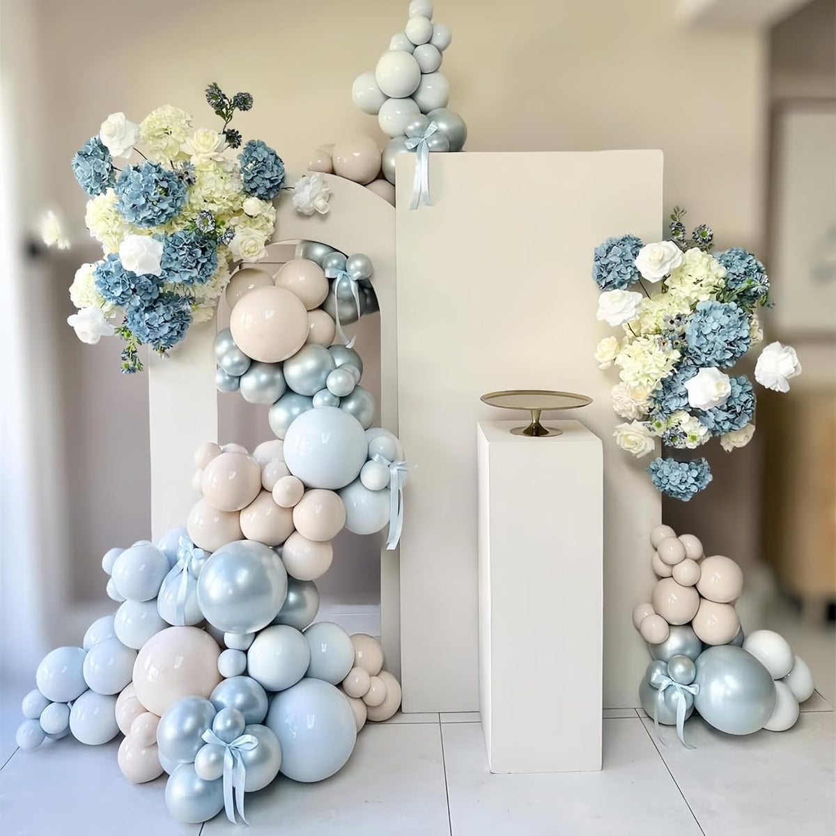 Dusty Blue and White Balloons, Double Stuffed Pearl Light Baby Metallic Chrome Slate Blue Pearl