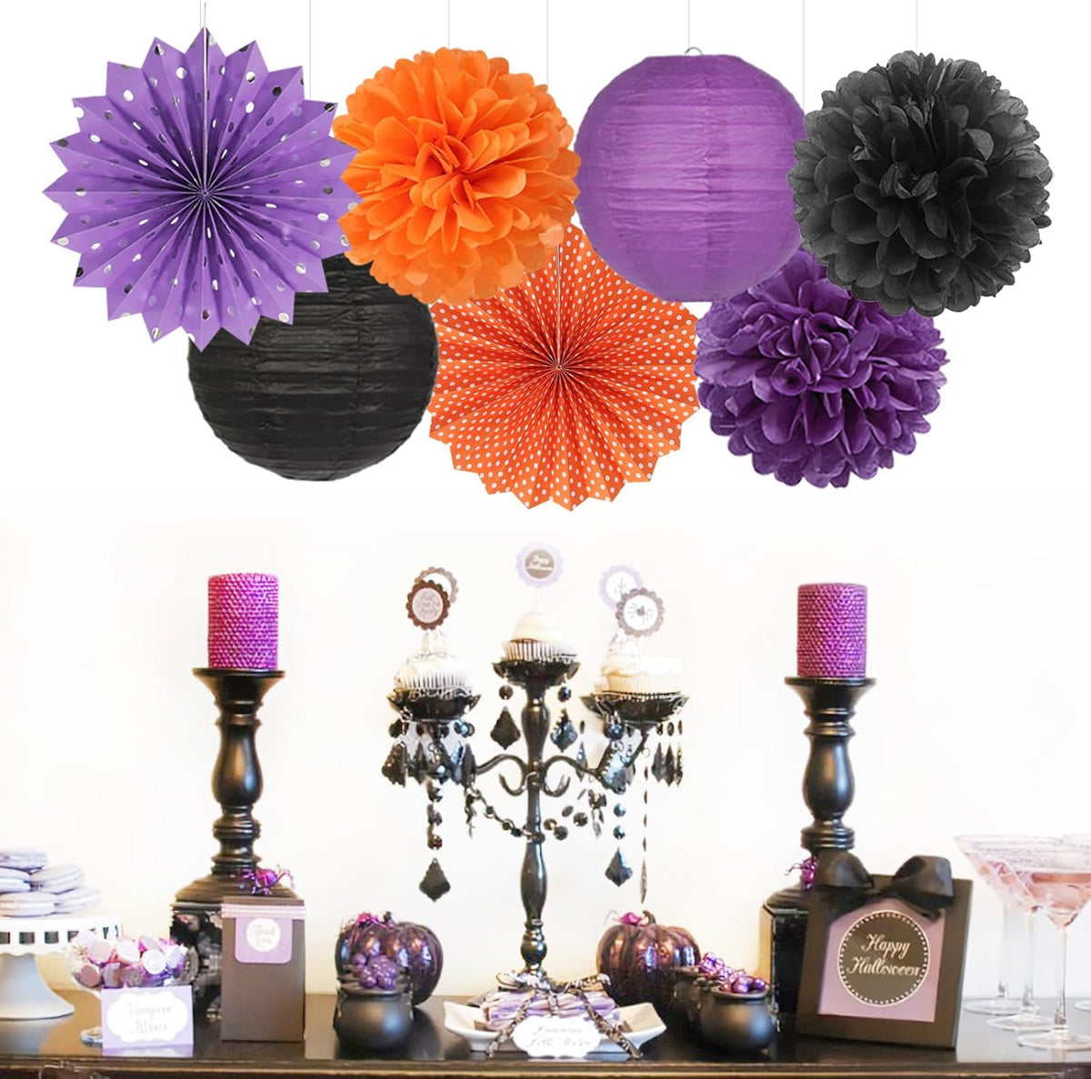 Black Orange Purple Halloween Party-Decorations - 20pcs Paper Lanterns Fans,Tissue Pom