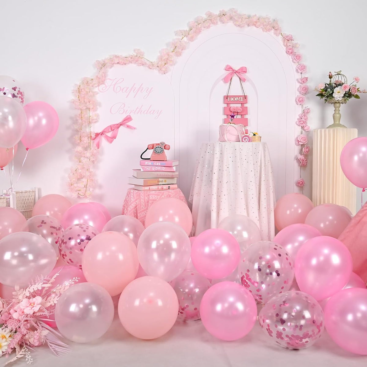 Balloons Pink and White, 60 Packs 12 Inch Light Pink White Balloons with Confetti Balloons for