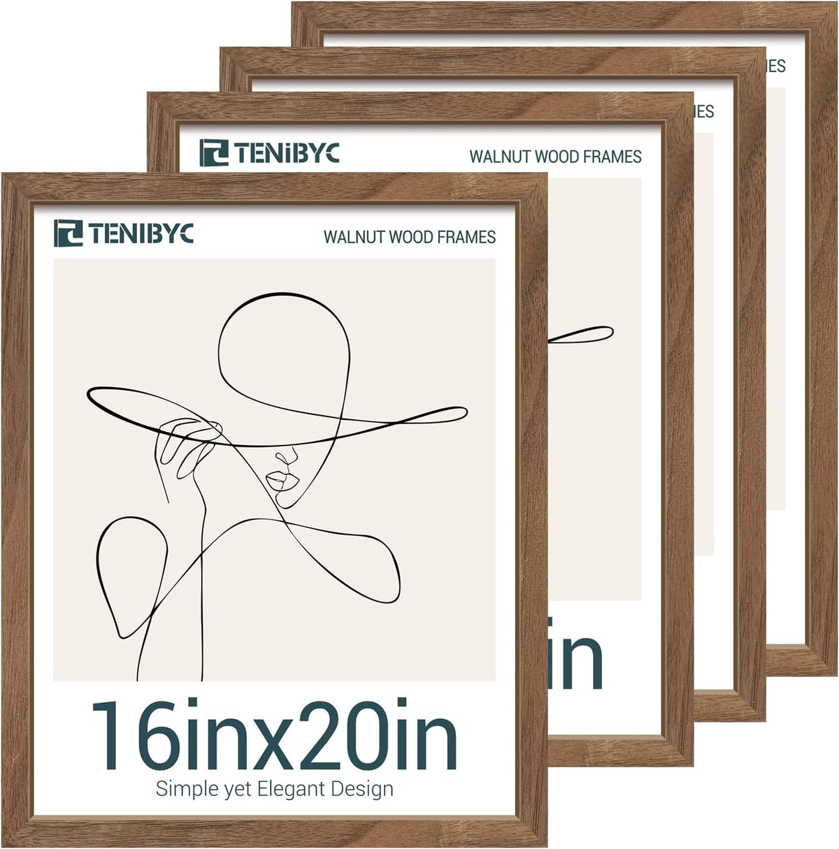 16x20 Frame 4 Pack - Brown, Natural Walnut Wood Picture Frame, HD Tempered Glass, Display 16x20 or