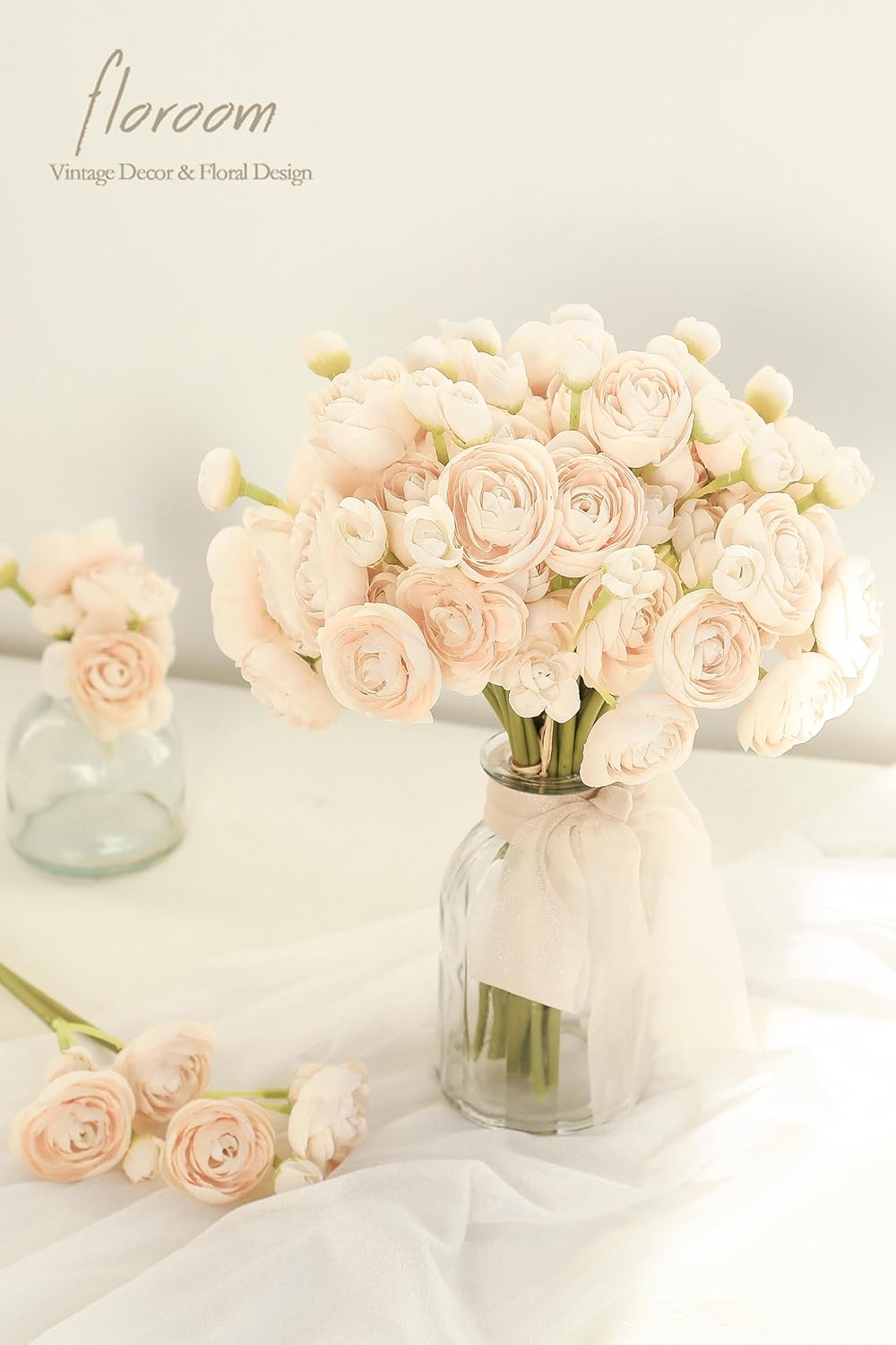 Floroom Ranunculus Artificial Flowers 18 Pcs Champagne Faux Silk Mini Ranunculus Bulk Fake Wedding