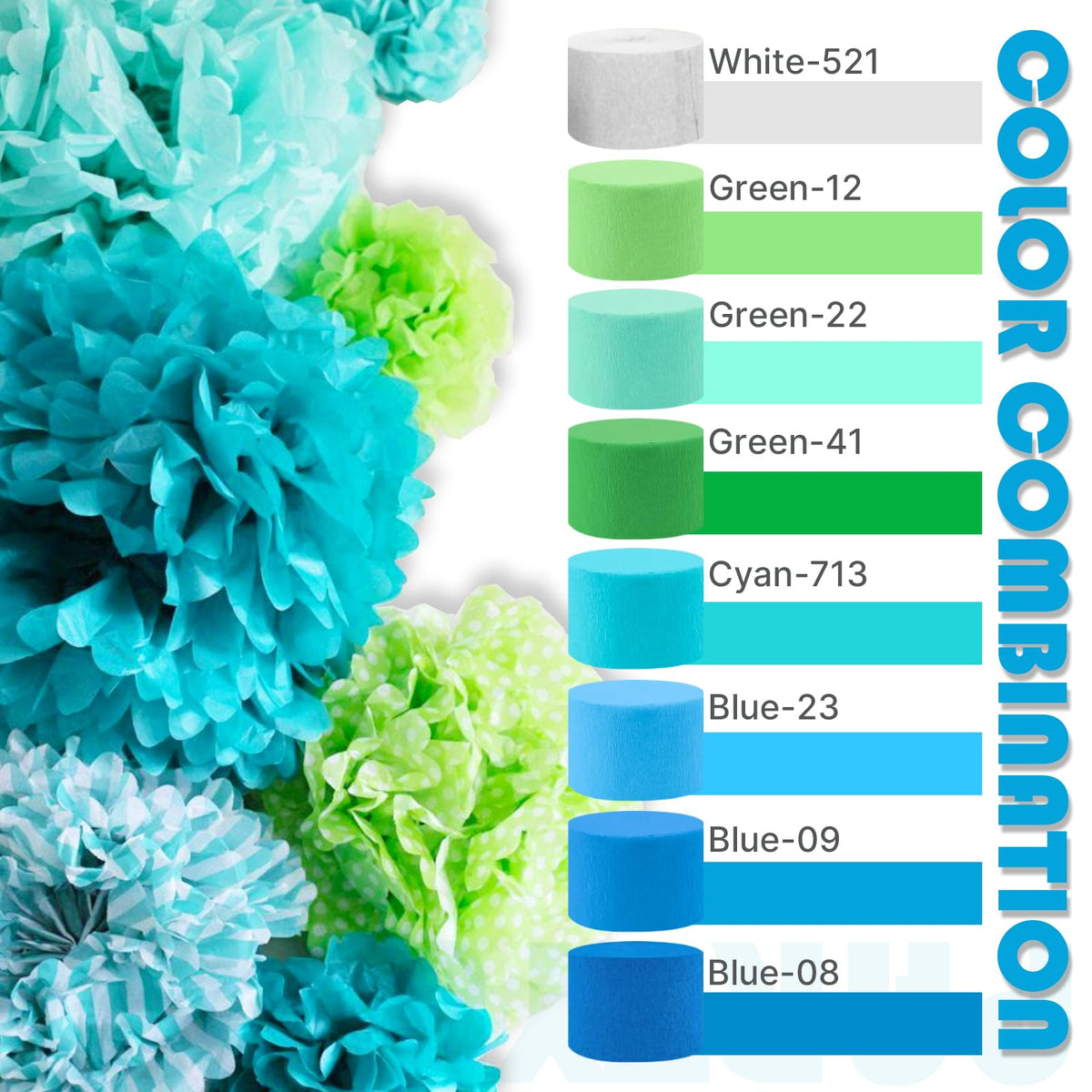 PartyWoo Blue Pastel Green Lime Crepe Paper Streamers 6 Rolls 492 FT