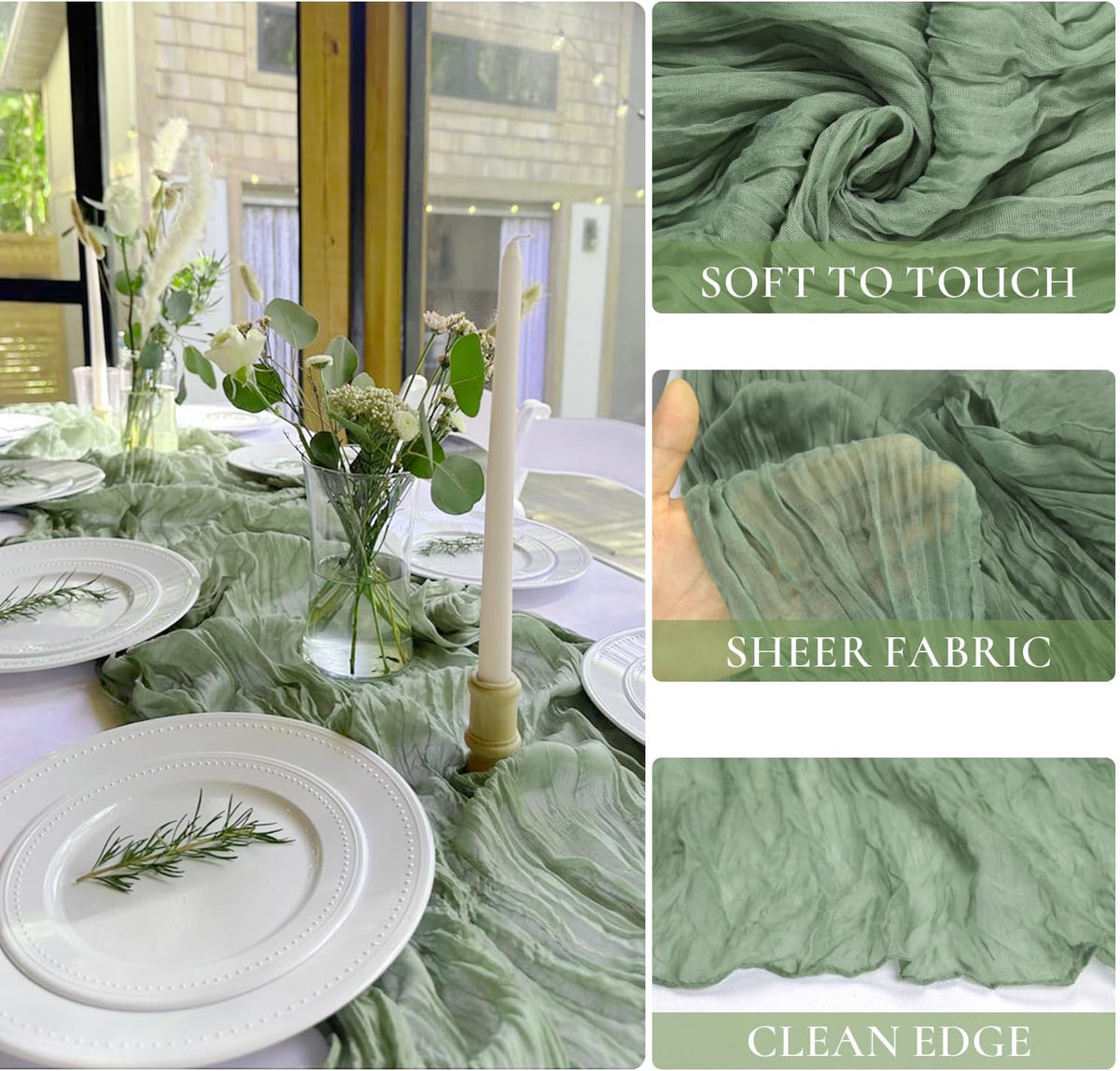 12 Pack Sage Green Table Runner Cheesecloth 35x120 Inch, 10Ft Boho Sheer Gauze Table Runner Cheese