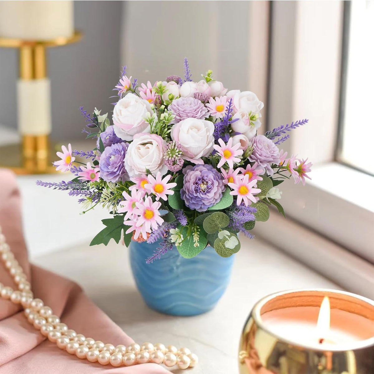 Fake Flowers Purple Artificial Silk Flower Bouquet Faux Flowers for Vase with Rose Peony Daisy for
