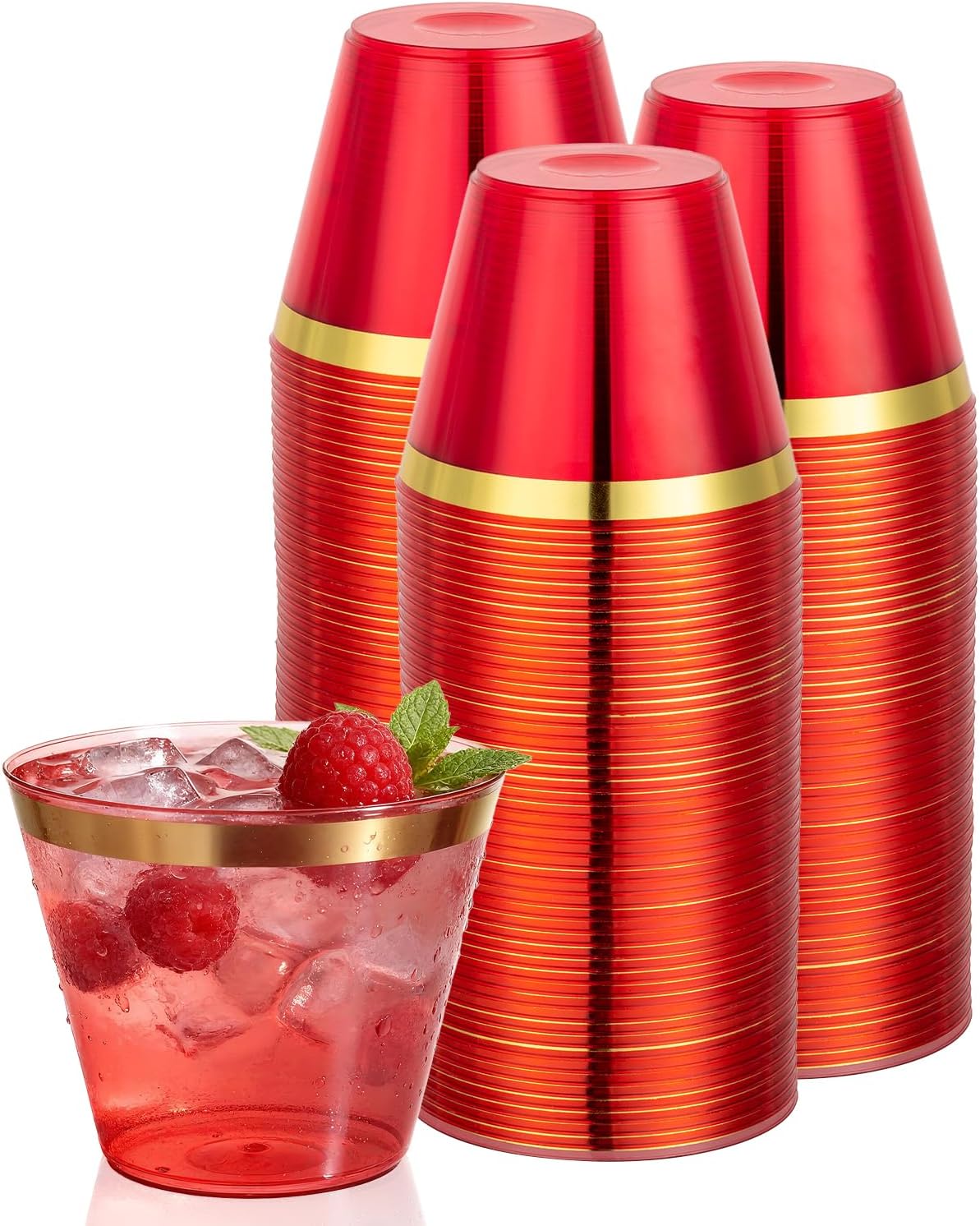 Goodluck 50PCS 9oz Red and Gold Plastic Cups for Party, Disposable Gold Rim Cups, Plastic Cocktail