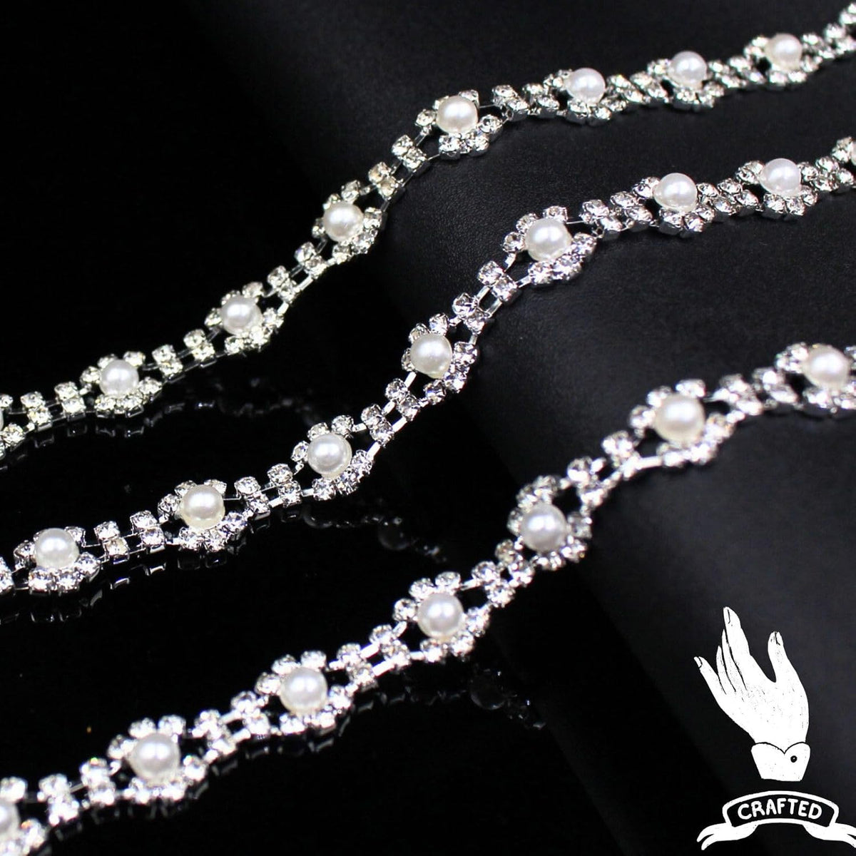 1 Yard Pearl Rhinestone Trim Chain Silver String Crystal Applique Fringe Ribbon Strips Beads Sewing
