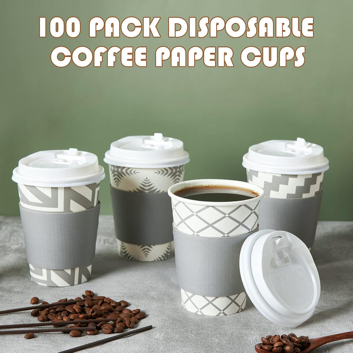 LITOPAK 100 Pack 12 oz Paper Coffee Cups with Lid, Sleeve, and Straws, Four Designs of Disposable