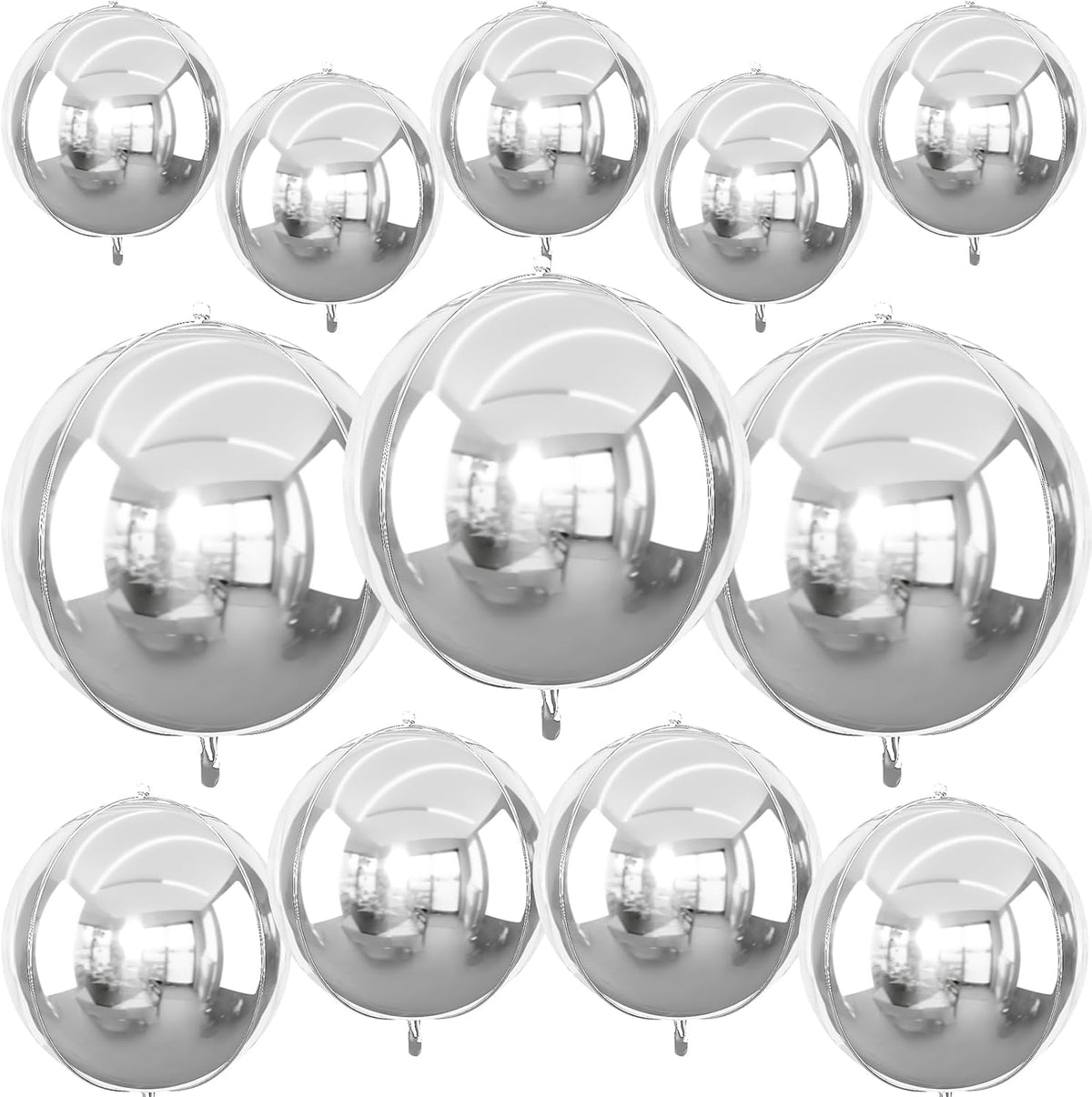 12Pcs Silver Round Foil Balloons, 22" 15" 10" 4D Ball Balloons, Metallic Silver Foil Balloon for