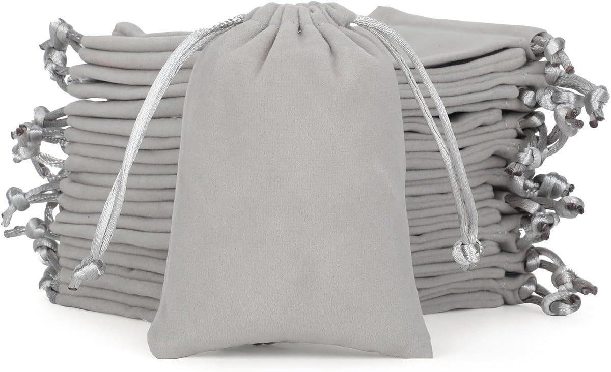 Velvet Drawstring Jewelry Bag, 50Pcs Grey Coin Pouch, 4x6 Dice Bag, for Wrapping Halloween Party