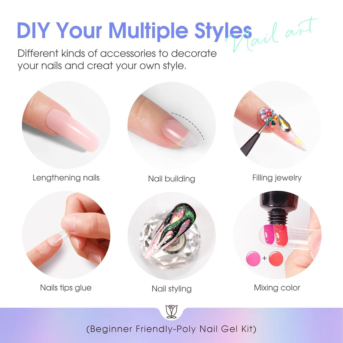 ROSALIND 28 Colors Color Poly Nail Gel Colors Kit with Mini Nail Lamp Clear Neon Poly Nail Gel