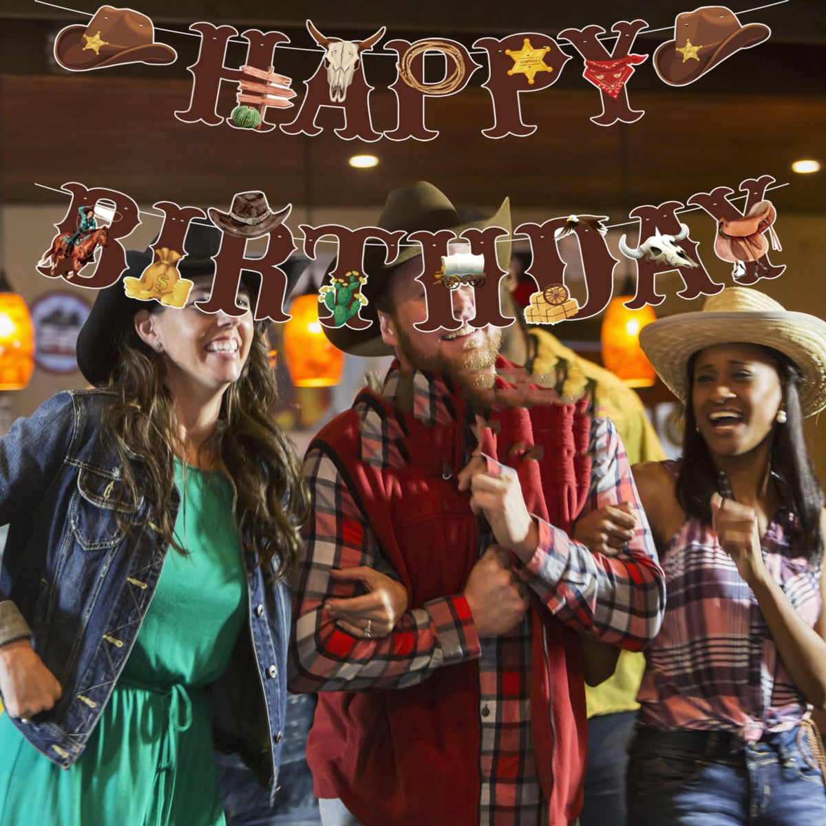 Western Cowboy Theme Wild West Party Decoration,Pre-Strung Happy Birthday Banner,Retro Horse Rodeo
