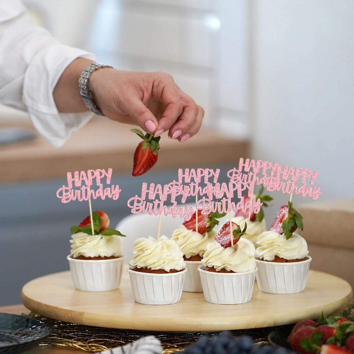 Gyufise 24Pcs Happy Birthday Cupcake Toppers Pink Glitter Celebrating Birthday Cake Picks Baby