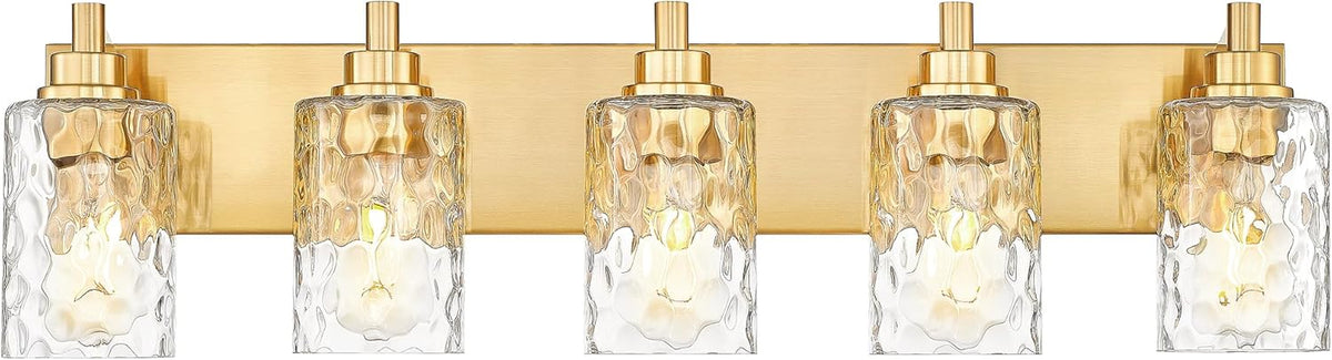 5-Light Bathroom Light Fixtures, 30 Inch Brushed Gold Vanity Lights with Clear Hammered Glass