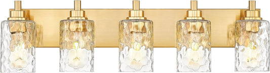 5-Light Bathroom Light Fixtures, 30 Inch Brushed Gold Vanity Lights with Clear Hammered Glass