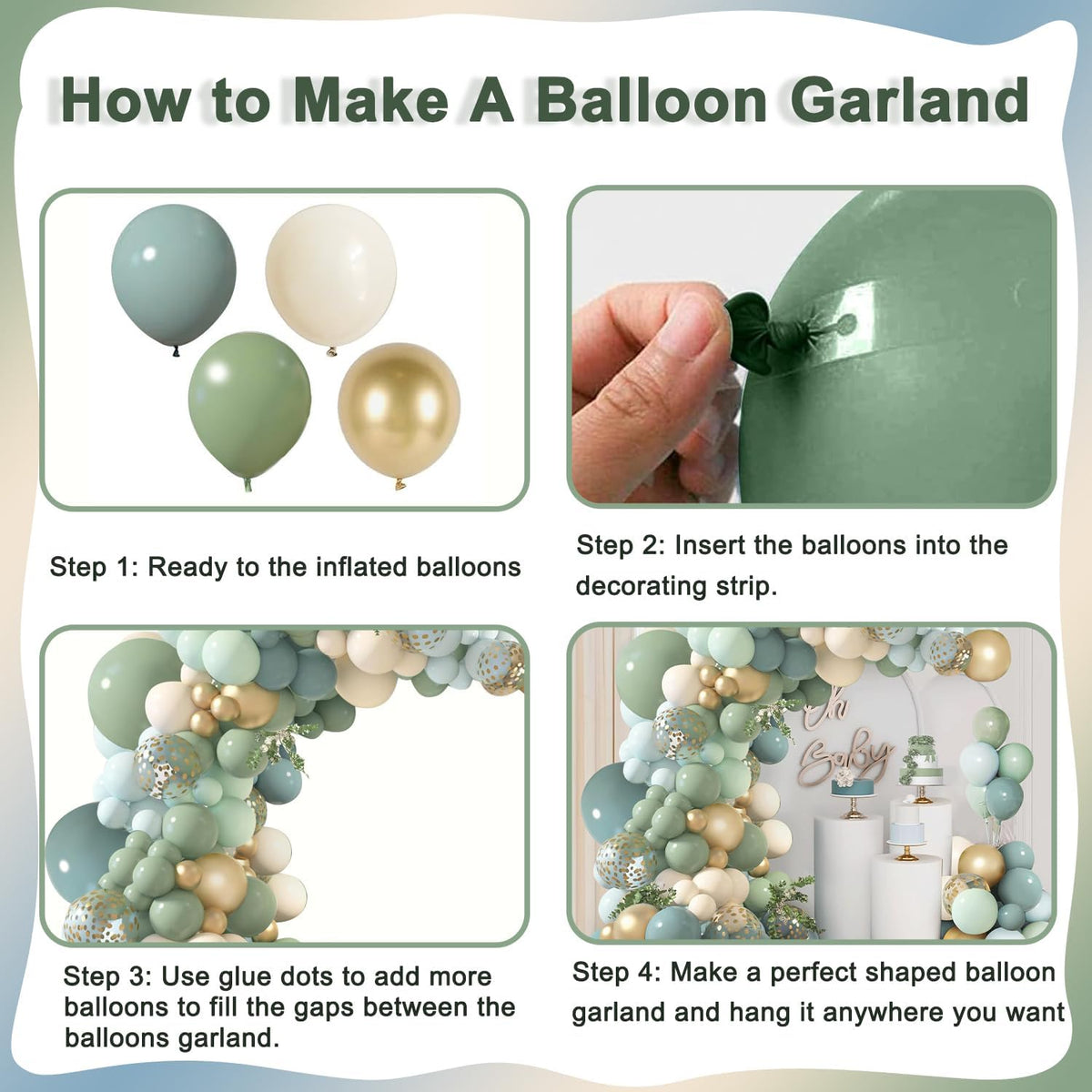 Dusty Blue Sage Green Balloon Arch Kit, Pastel Blue Green Sand White Gold Confetti Balloons Garland