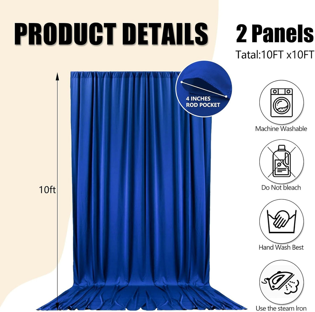 10ft x 10ft Blue Backdrop Curtains for Parties, Fabric Satin Background Curtain with Rod Pockets