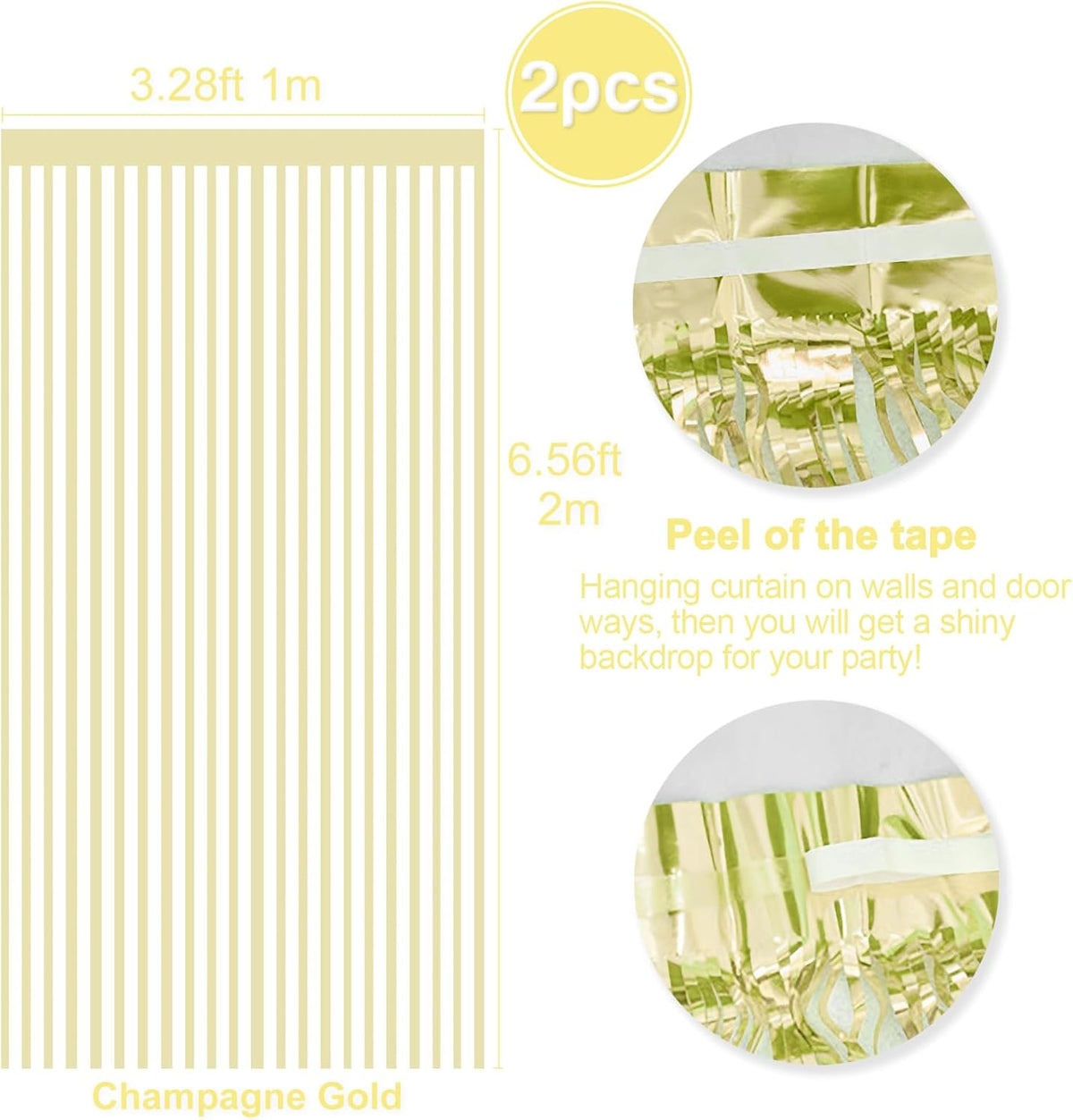 Metallic Tinsel Foil Fringe Curtains Backdrop Champagne Gold, 2 Pcs 3.28 ft x 6.56 ft Streamers for
