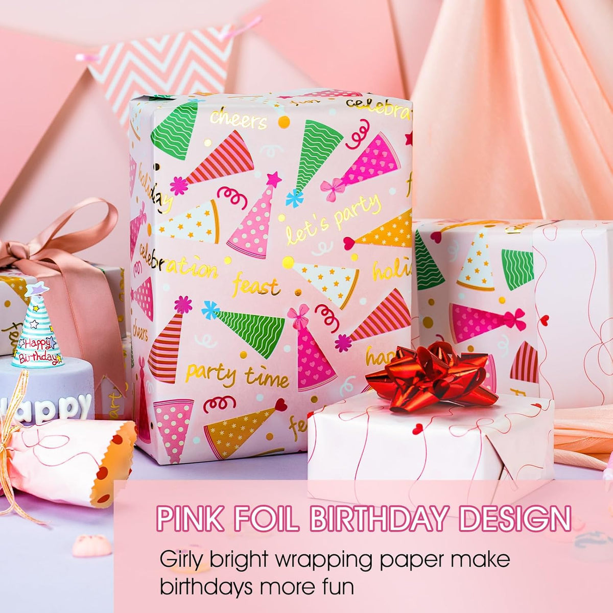 Yarcony Pink Birthday Wrapping Paper for Girl Women, Metallic Foil Girly Party Hat, Bow Design
