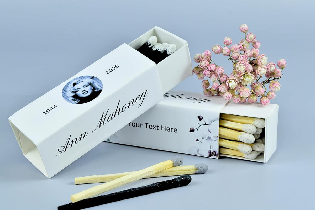 Customizable Funeral Matchboxes – Set of 10 – Memorial Design – Colorful Matchsticks – Perfect for