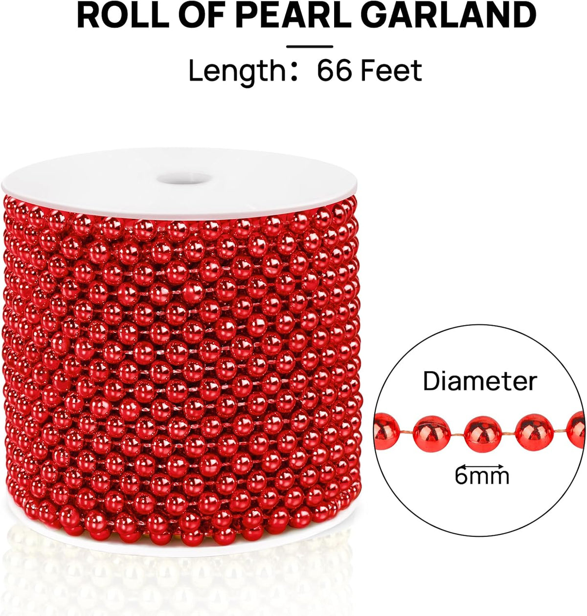 Craft String Pearls 6MM Pearl Bead, 66 Feet Red Faux Pearl Garland Spool Roll Strand Wedding Party
