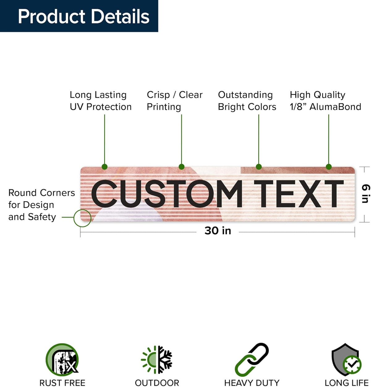 Custom Sign, Custom Street Sign, 11 Font Colors, 13 Font Styles, 4 Hole Options, 22 Sizes, 6x30