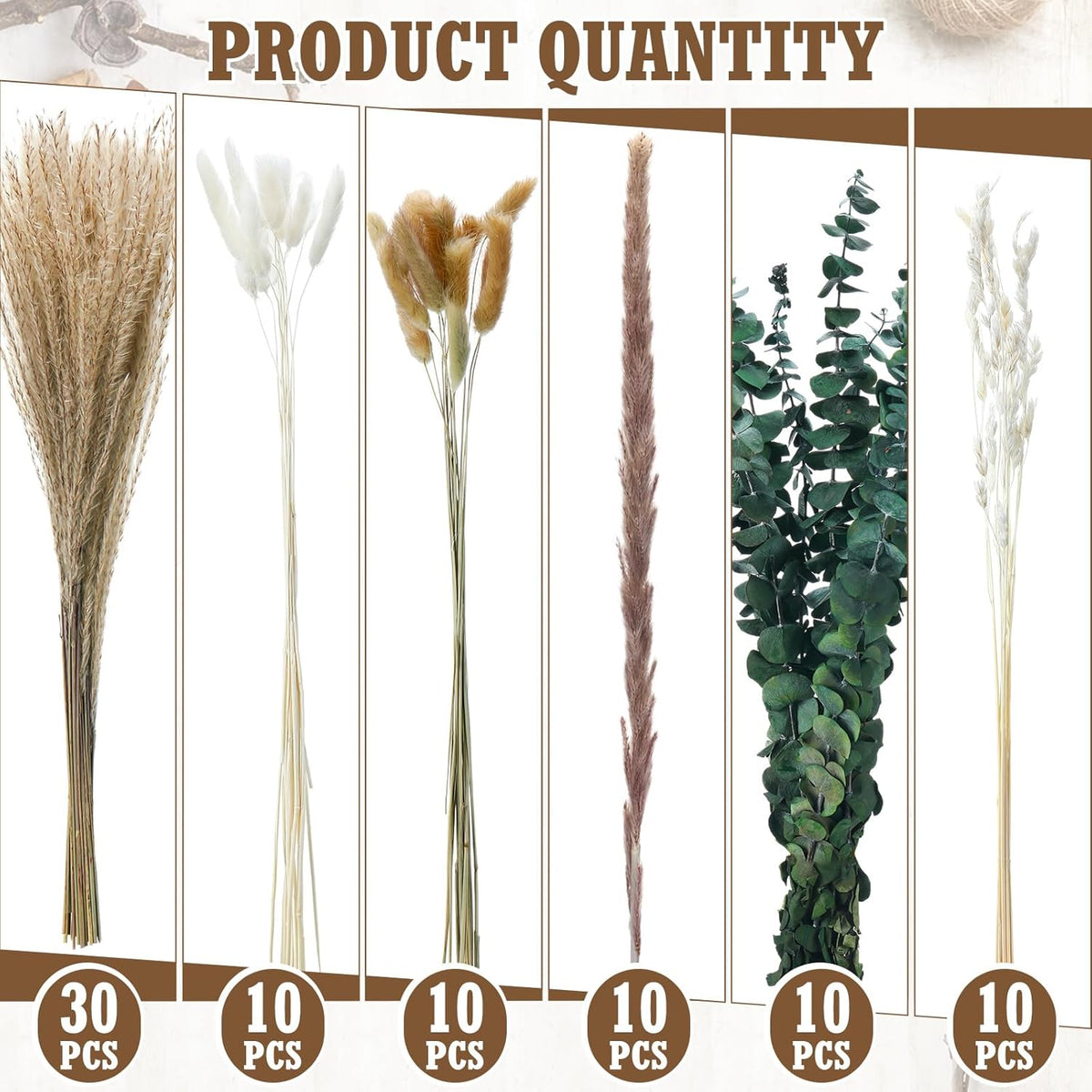 10 Set Dried Pampas Grass Centerpiece for Wedding 10 Clear Glass Jars 10 Artificial Roses 80 Dried
