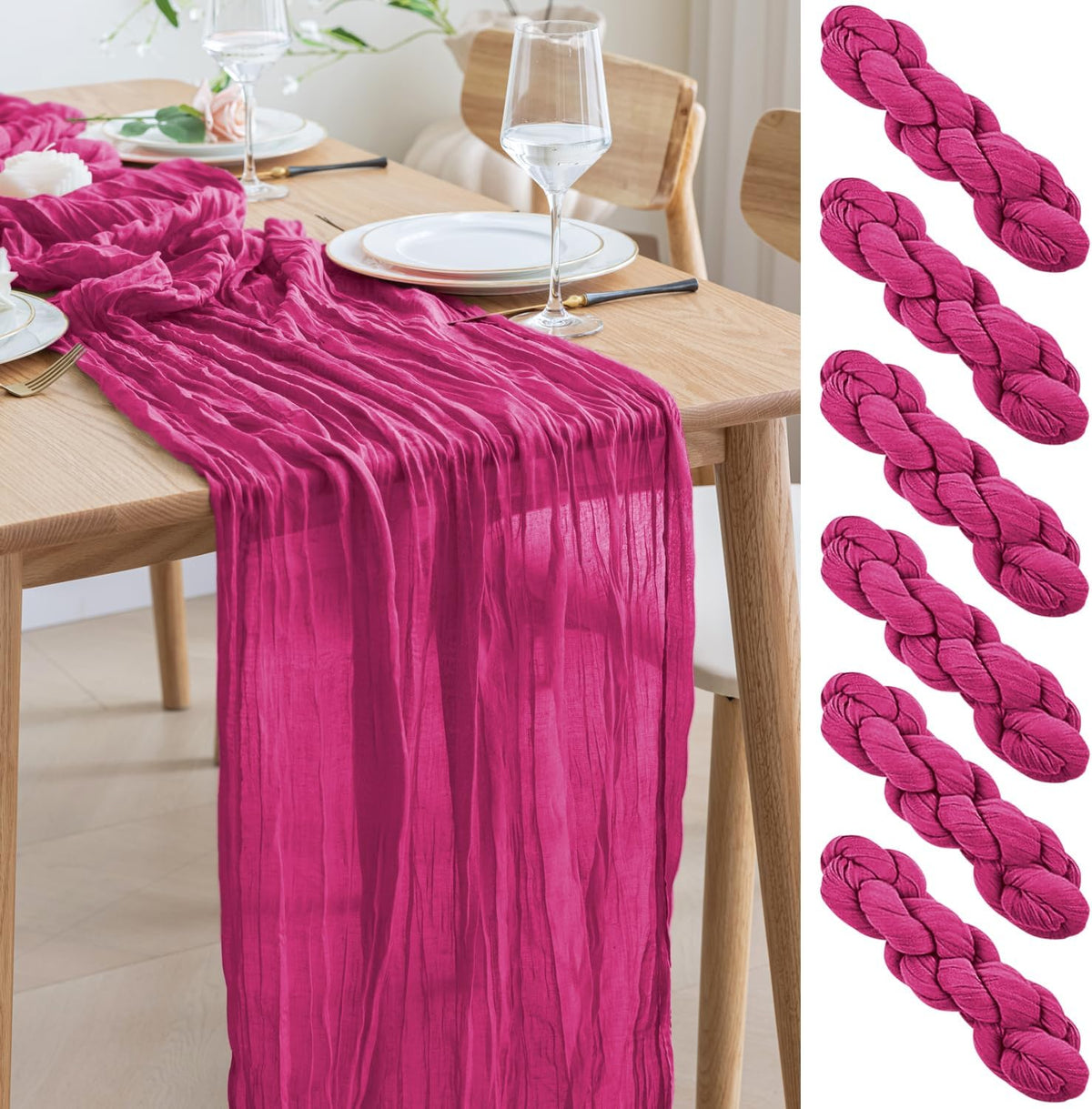 Asee'm 6pcs Cheesecloth Table Runner 120 Inches Long Fuchsia Boho Gauze Cheese Cloth Runner 10FT