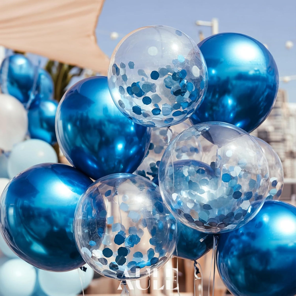 AULE Party Balloons Pack of 42 - Metallic Blue Balloons and Blue Confetti Balloons With 64ft