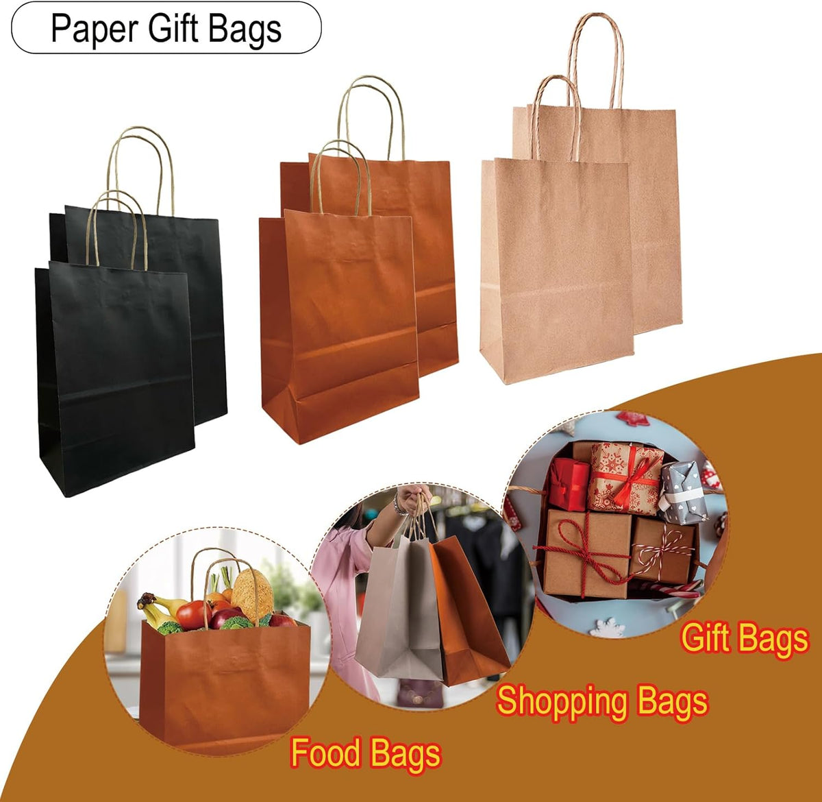 BAG BOX 25 Pack Small 5.9x3.1x8.25 Inch Orange Kraft Paper Gift Bags with Handles for Bulk