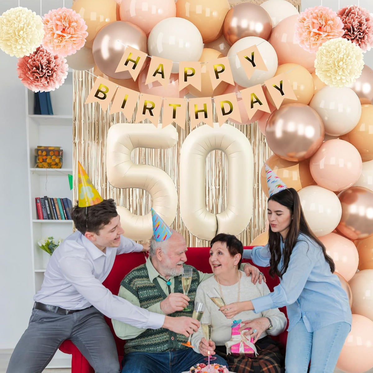 Beige 50th Birthday Decorations for Women Cream Number 50 Balloon Nude Gold Happy Birthday Banner