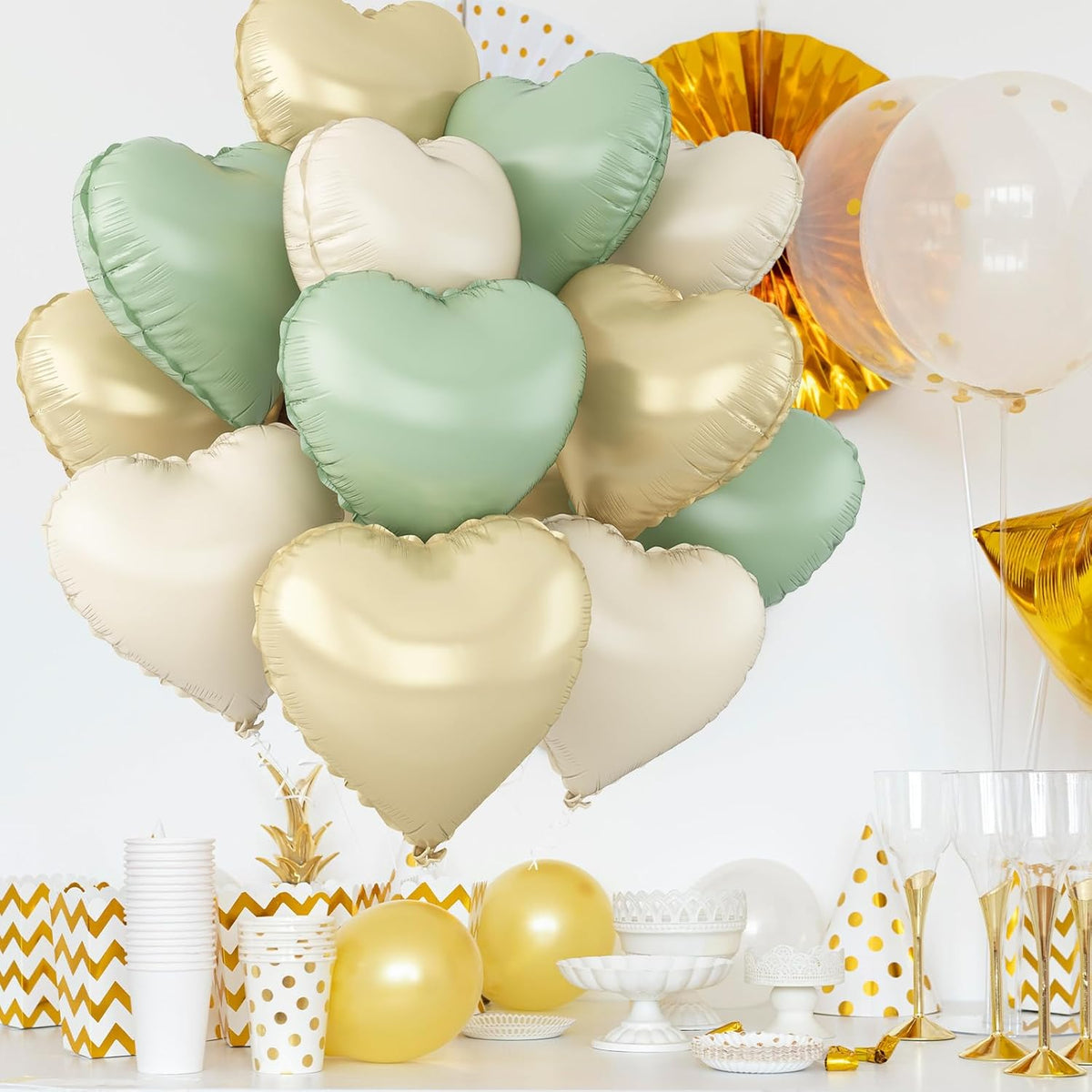 Sage Green Gold Heart Balloons,12Pcs Light Gold Heart Shaped Foil Balloons,18Inch Cream White