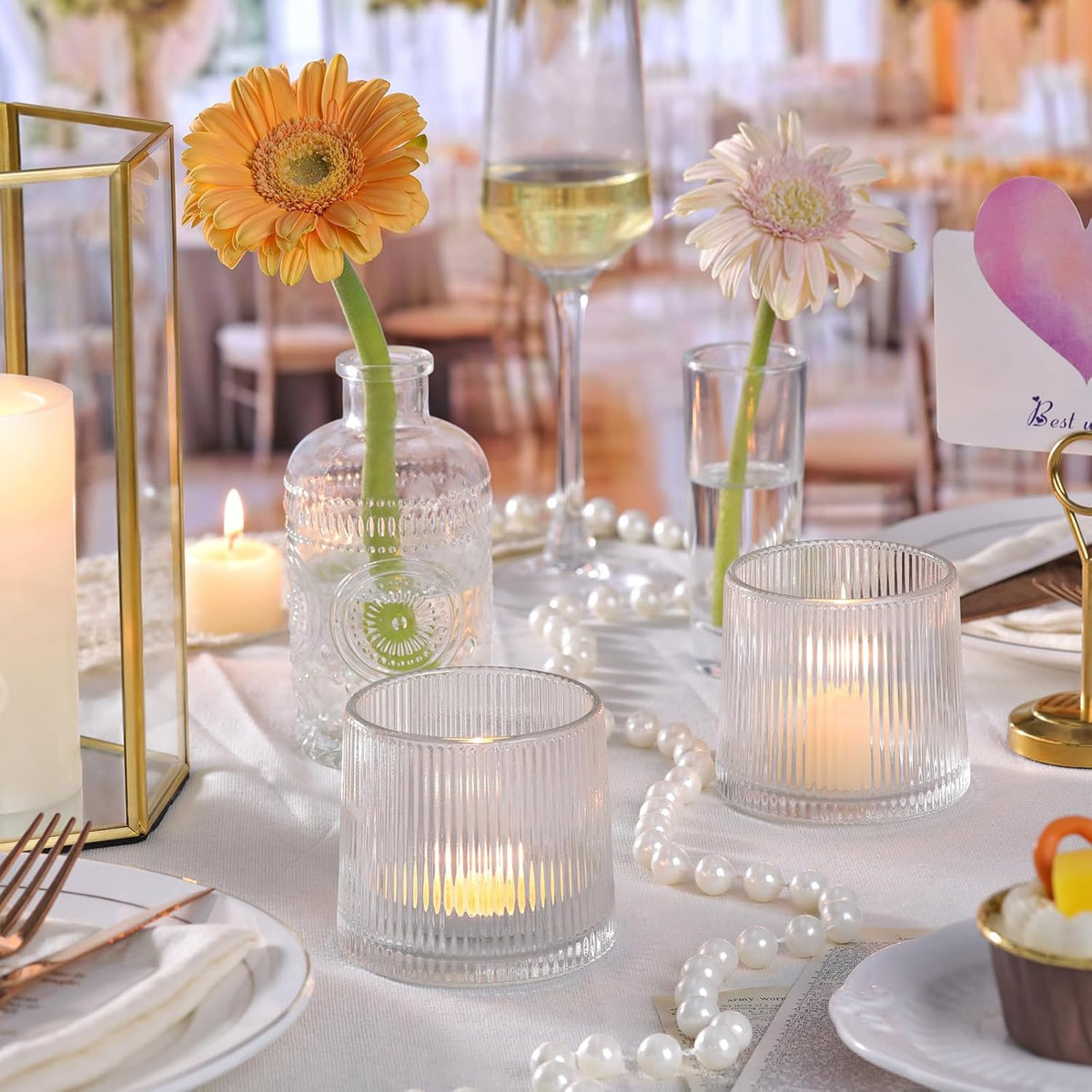 DARJEN Clear Ribbed Tealight Votive Candle Holders Set of 10- Tea Light Candle Holder Glass for