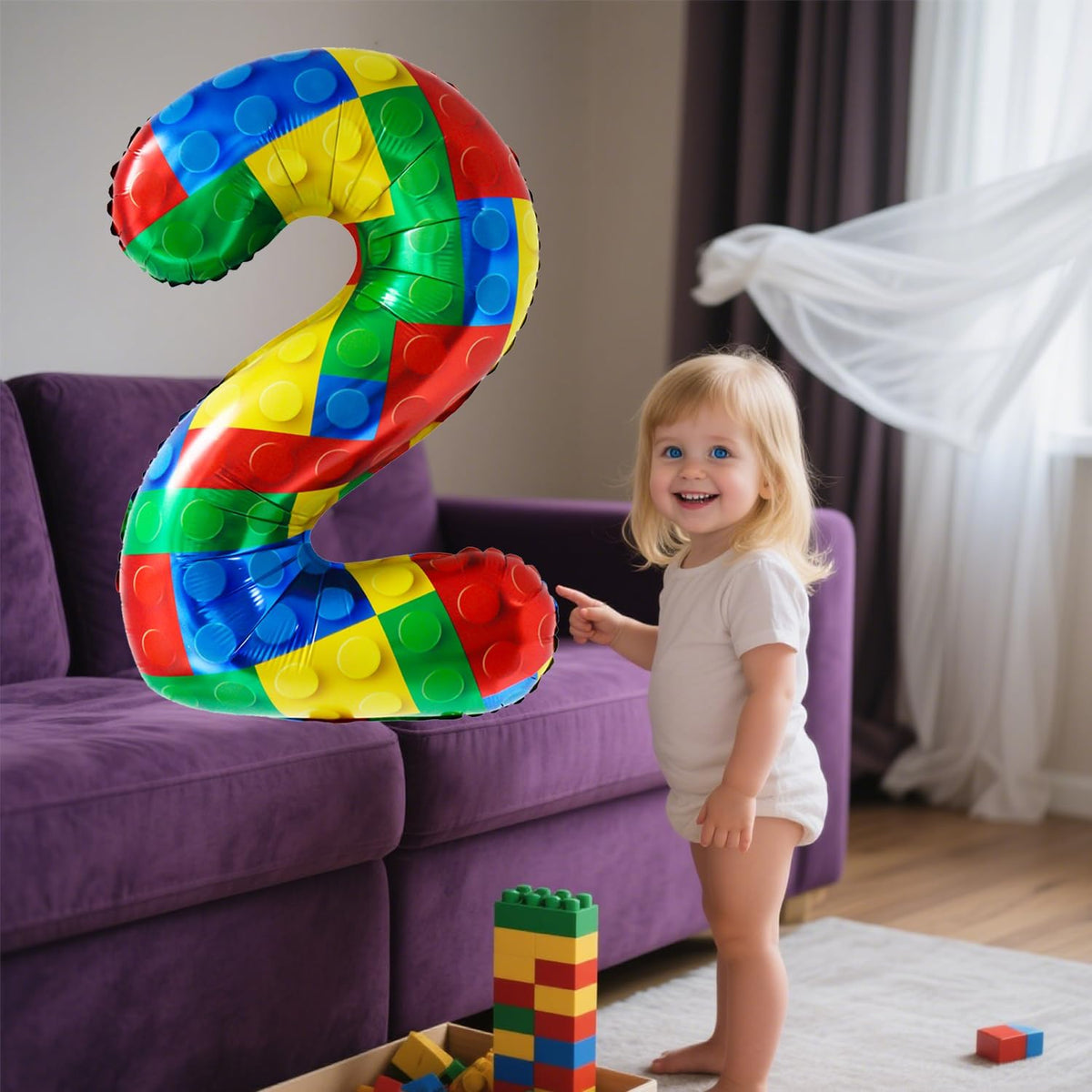 32 Inch Stackable Block Number Balloon – Colorful Brick Building Themed Big Helium Digits for Kids