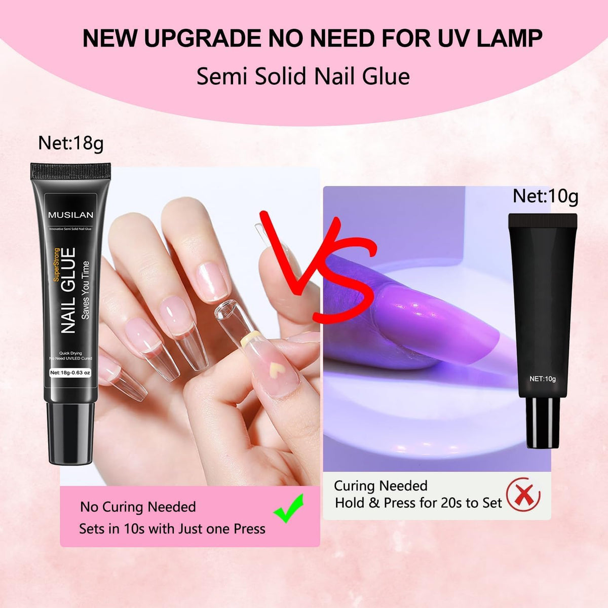 18g Semi Solid Super Strong Nail Glue for Press On Nails - No UV Lamp Needed Quick Drying &