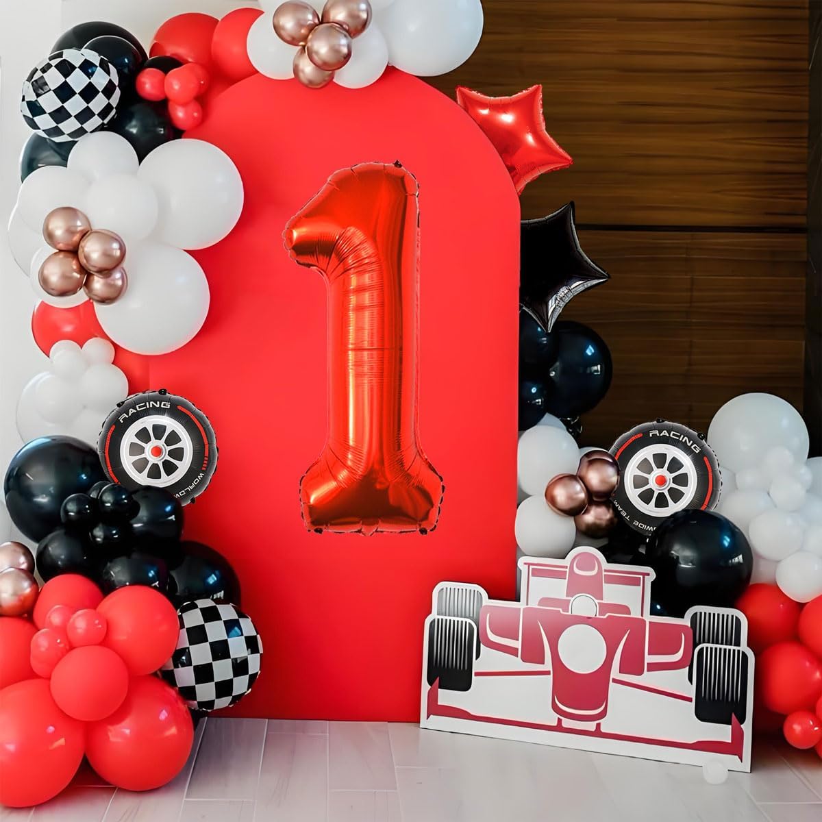 Race Car Birthday Party Decorations - 40 Inch Mylar Red Number 1 Balloons - Black Foil Checkered